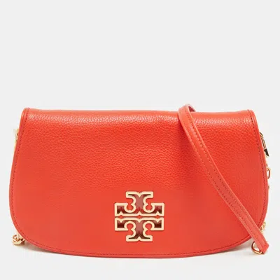 Pre-owned Tory Burch Poppy Red Leather Britten Chain Clutch