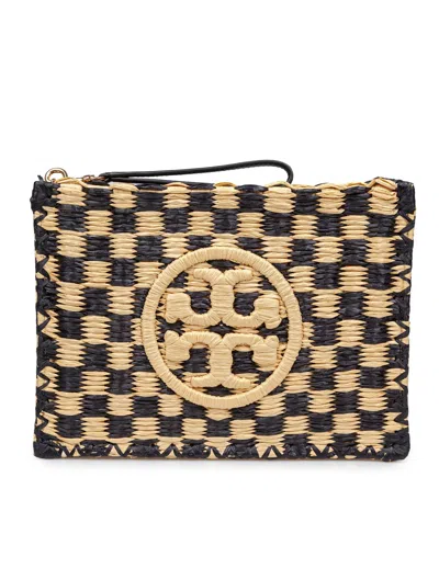 Tory Burch Pouch Ella In Raffia In Raffia Natural And Black Color In Black/natural