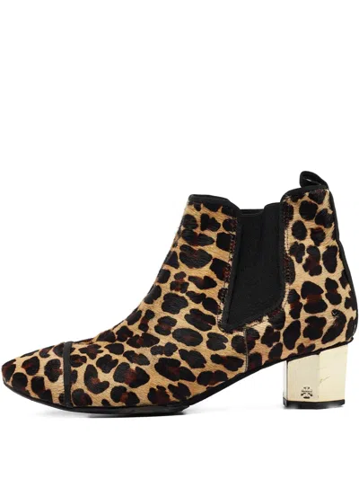 Pre-owned Tory Burch  40mm Leopard-print Heeled Ankle Oots In Brown