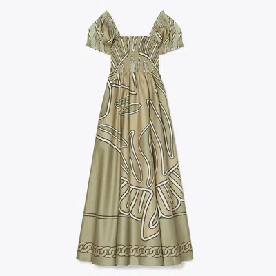 Tory Burch Print Smocked Cotton Dress In Khaki Zebra Scarf