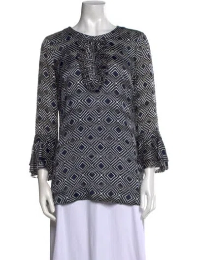 Pre-owned Tory Burch Printed Bateau Neckline Blouse In Blue