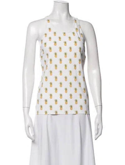 Pre-owned Tory Burch Printed Bateau Neckline Blouse In White