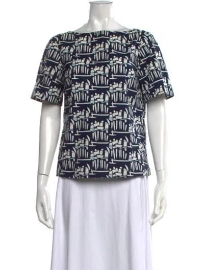 Pre-owned Tory Burch Printed Bateau Neckline Top In Blue