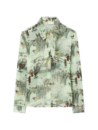 Tory Burch Printed Chiffon Bow Blouse In Green