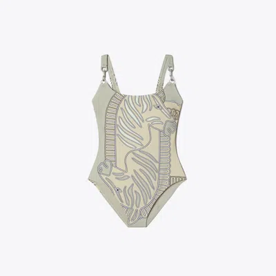Tory Burch Printed Clip Tank Suit In Grey