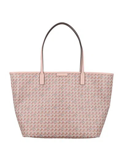TORY BURCH PRINTED COATED CANVAS TOTE HANDBAG WITH FAUX LEATHER TRIM AND BRASS HARDWARE IN WINTER PEACH
