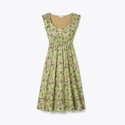 Tory Burch Printed Cotton Poplin Dress In Green Scribble Floral