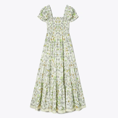 Tory Burch Printed Cotton Smocked Dress In Beige Rabbit Field