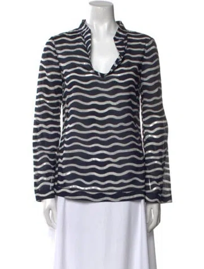 Pre-owned Tory Burch Printed Cowl Neck Blouse In Blue