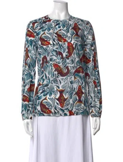 Pre-owned Tory Burch Printed Crew Neck Top In Blue