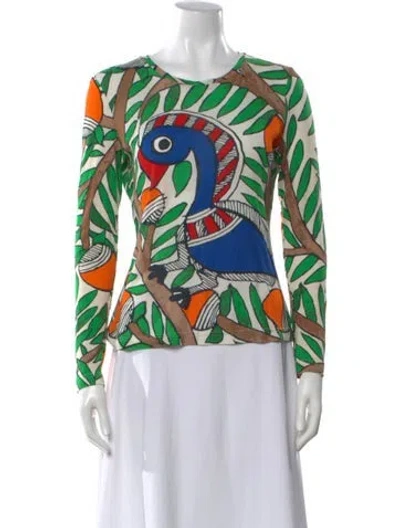 Pre-owned Tory Burch Printed Crew Neck Top In Green