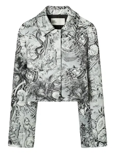 Tory Burch Printed Crop Blazer In Gray