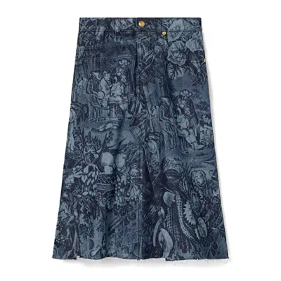 Tory Burch Printed Deconstructed Denim Skirt In Multi