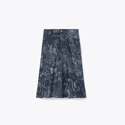 Tory Burch Printed Deconstructed Denim Skirt In Gray