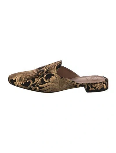 Pre-owned Tory Burch Printed Embroidered Accent Mules In Gold