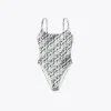 Tory Burch One Piece Stretched Swimsuit In New Ivory Distressed Pixelated Logo