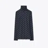 Tory Burch Turtleneck Long Sleeve Fitted Patterned Top In Blue