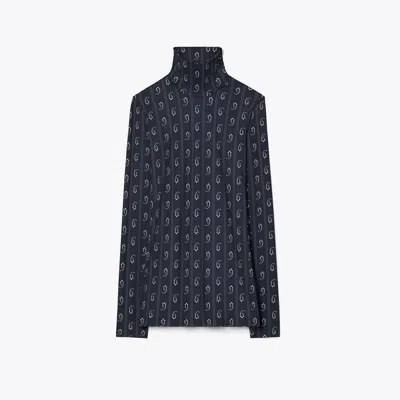 Tory Burch Printed Jersey Mockneck Shirt In Blue