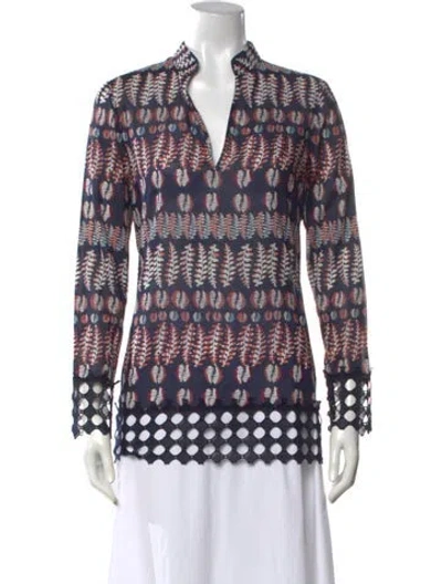 Pre-owned Tory Burch Printed Long Sleeve Blouse In Blue