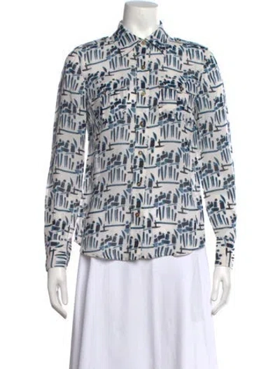 Pre-owned Tory Burch Printed Long Sleeve Blouse In White
