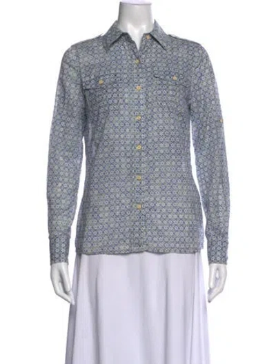 Pre-owned Tory Burch Printed Long Sleeve Button-up Top In Blue