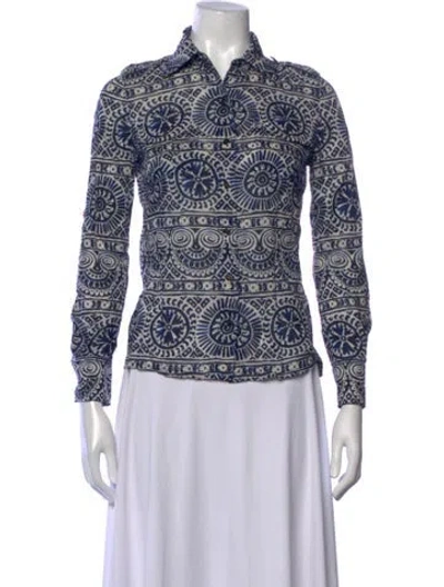 Pre-owned Tory Burch Printed Long Sleeve Button-up Top In Blue