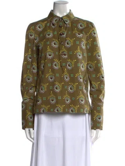 Pre-owned Tory Burch Printed Long Sleeve Button-up Top In Green