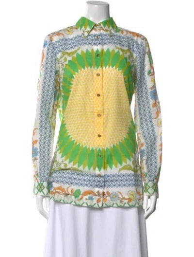 Pre-owned Tory Burch Printed Long Sleeve Button-up Top In Green/neutrals