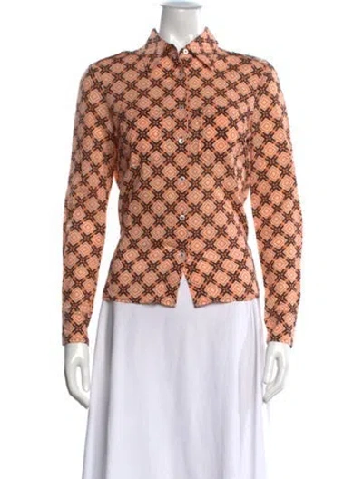 Pre-owned Tory Burch Printed Long Sleeve Button-up Top In Orange