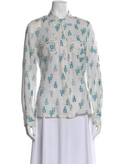 Pre-owned Tory Burch Printed Long Sleeve Button-up Top In White