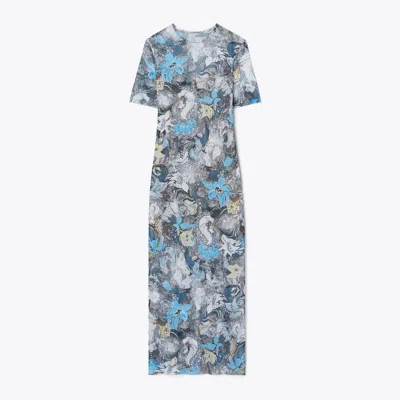 Tory Burch Printed Mesh T-shirt Dress In Blue Abstract Floral