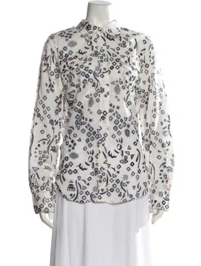 Pre-owned Tory Burch Printed Mock Neck Button-up Top In White