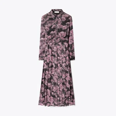 Tory Burch Pleated Floral-print Silk Midi Shirt Dress In Purple