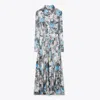 Tory Burch Printed Pleated Silk Twill Dress In Blue Abstract Floral
