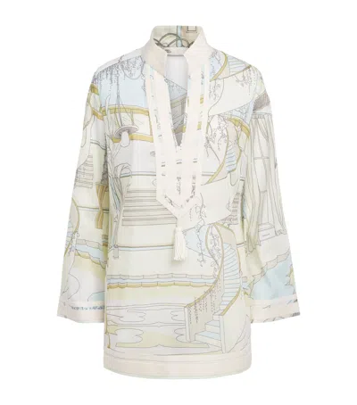 Tory Burch Printed Plunge-neck Mini Dress In Beige