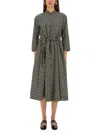 Tory Burch Long Floral Print Drawstring Waist Dress In Black