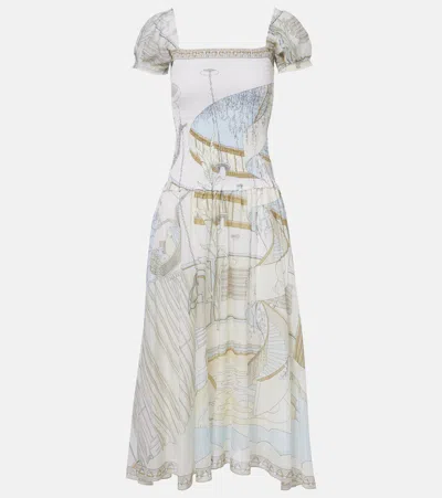 Tory Burch Printed Shirred Silk And Cotton Midi Dress In Multi