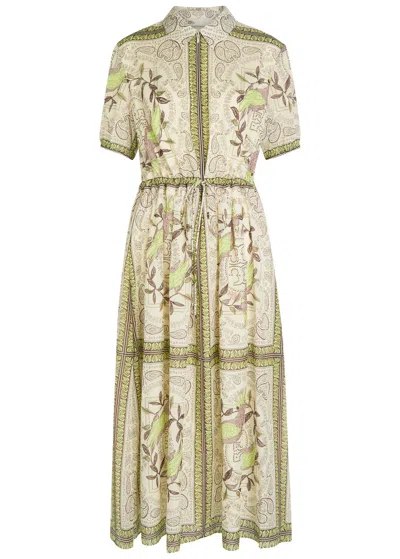 Tory Burch Printed Silk And Cotton-blend Midi Shirt Dress In Green