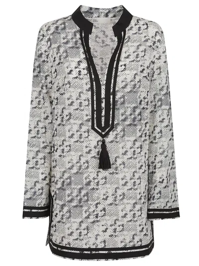 Tory Burch Printed Silk Cotton Tory Tunic In New Ivory Pixelated Logo