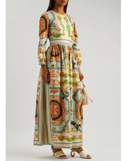 Pre-owned Tory Burch Printed Silk Dress Maxi Gown Carousel Peach 2 $998 In Orange