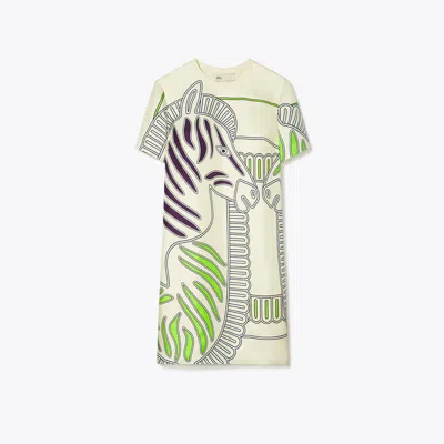 Tory Burch Printed Silk Front T-shirt Dress In Ivory Zebra Scarf