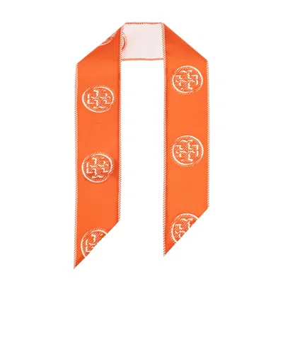 Tory Burch Medallion Logo Ribbon Silk Tie In Orange