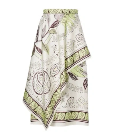 Tory Burch Printed Silk Satin Midi Skirt In White