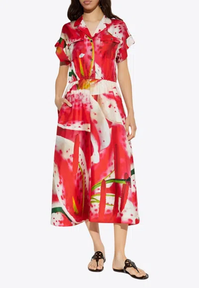 Tory Burch Printed Silk Twill Midi Shirt Dress In Red