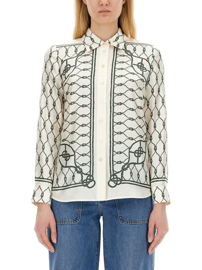 Tory Burch Printed Silk Twill Shirt In White