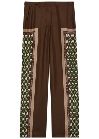 Tory Burch Printed Straight-leg Silk Trousers In Brown