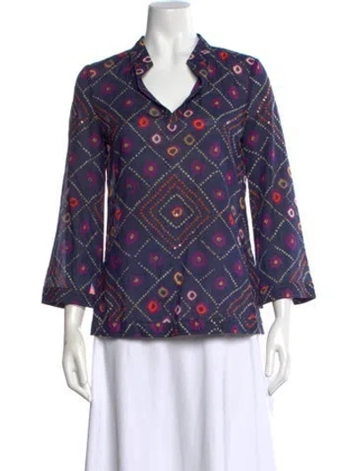 Pre-owned Tory Burch Printed Three-quarter Sleeve Blouse In Blue