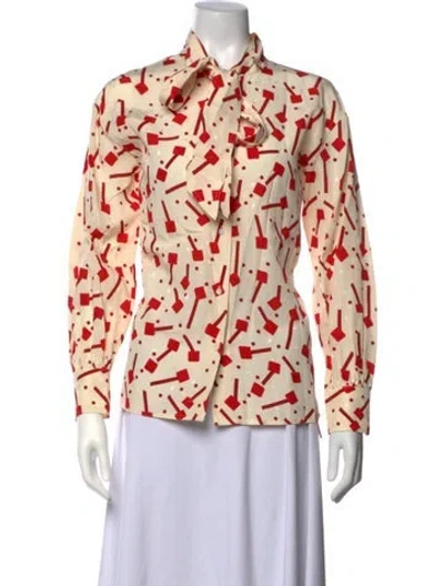 Pre-owned Tory Burch Printed Tie Neck Blouse W/ Tags In Neutrals