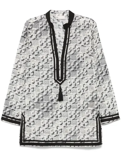 Tory Burch Ivory Silk-cotton Blend Shirt With Tassel Detail In Beige