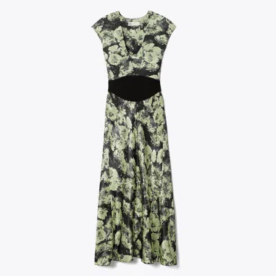 Tory Burch Printed U-neck Viscose Dress In Green Pixel Floral